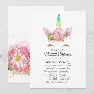 Invitation Baby Shower Virtuel Licorne Arc-en-Ciel Floral Ros