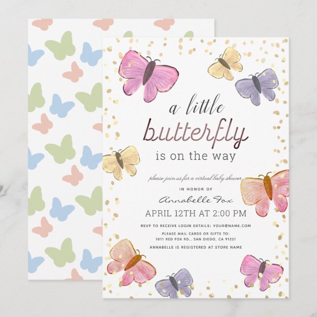 Invitation Baby shower virtuel Little Butterfly (Devant / Derrière)