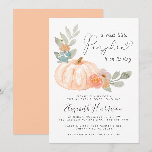 Invitation Baby shower virtuel Little Citrouille Watercolor (Devant / Derrière)