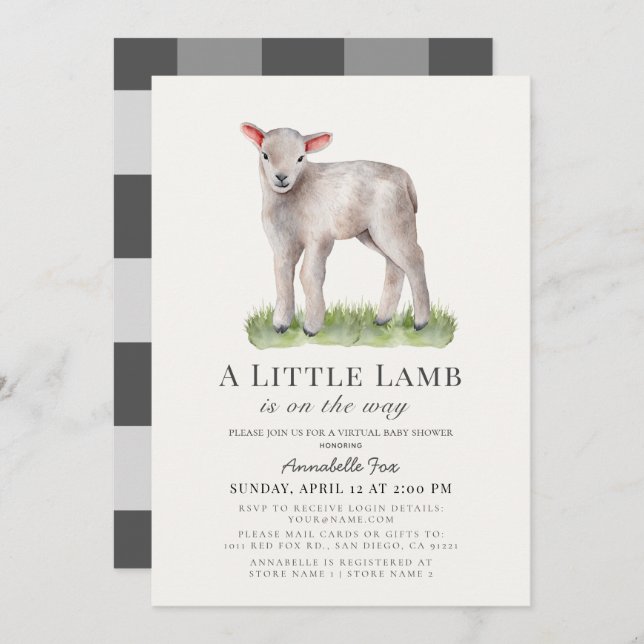 Invitation Baby shower virtuel Little Lamb (Devant / Derrière)