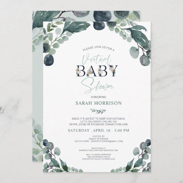 Invitation Baby shower virtuel Marine Blue Sage Green (Devant / Derrière)
