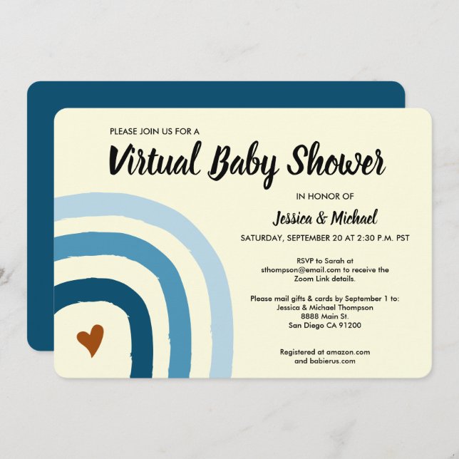 Invitation Baby shower virtuel moderne Blue Rainbo (Devant / Derrière)