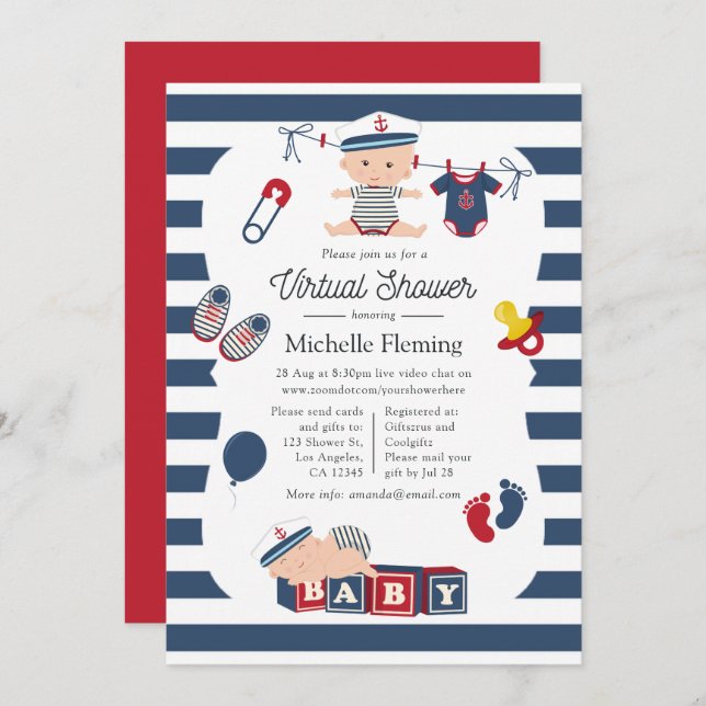 Invitation Baby shower virtuel Nautical Boy (Devant / Derrière)