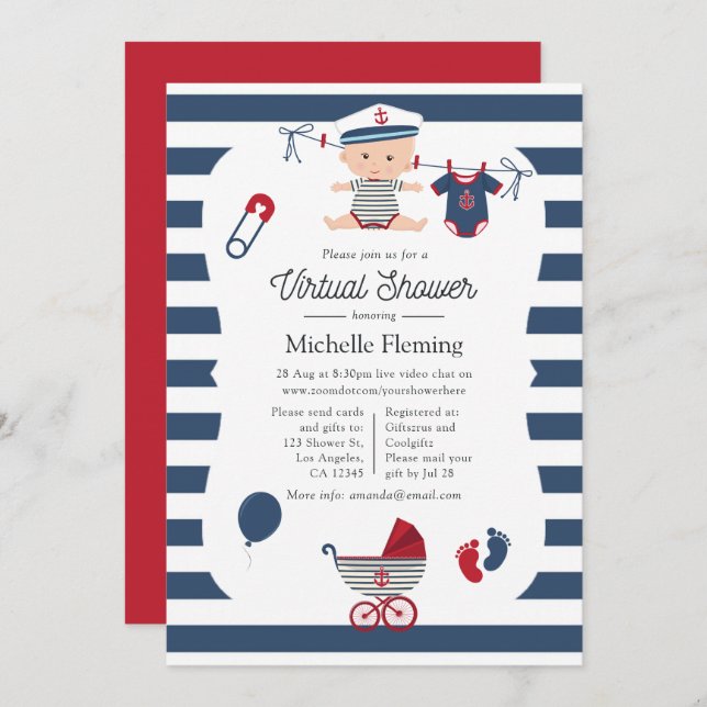 Invitation Baby shower virtuel Nautical Boy (Devant / Derrière)