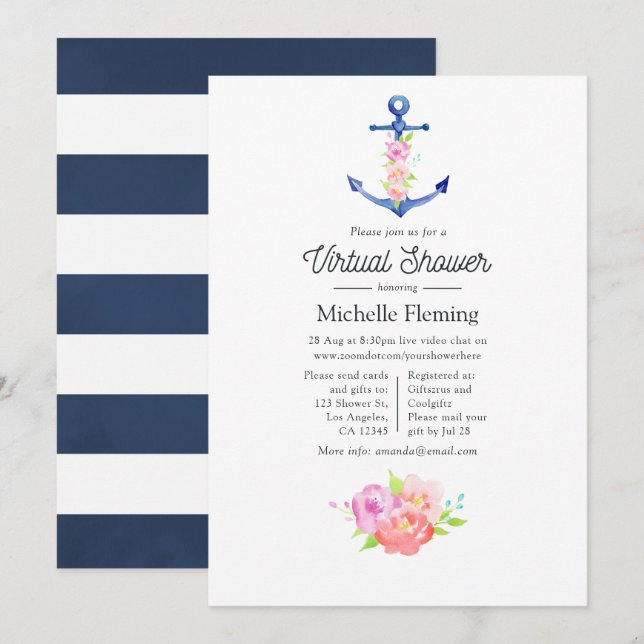 Invitation Baby shower virtuel nautique aquarelle (Devant / Derrière)