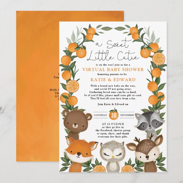 Invitation Baby shower virtuel Orange Citrus Woodland Animaux (Devant / Derrière)