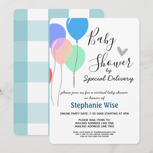 Invitation Baby shower virtuel par ballons de messagerie (Devant / Derrière)