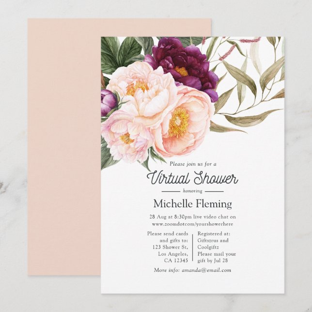 Invitation Baby shower Virtuel Pastel Floral (Devant / Derrière)