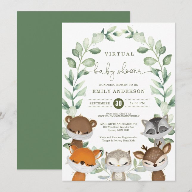 Invitation Baby shower virtuel Quarantaine Animaux des bois (Devant / Derrière)