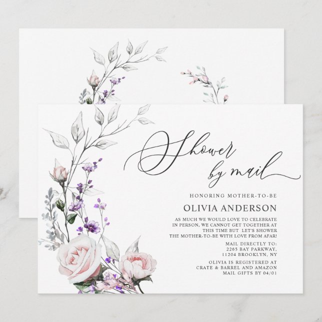 Invitation Baby shower virtuel Rose Blush Watercolor par cour (Devant / Derrière)