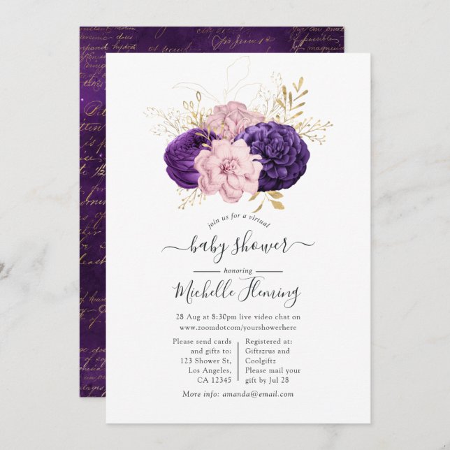 Invitation Baby shower virtuel rose et violet (Devant / Derrière)