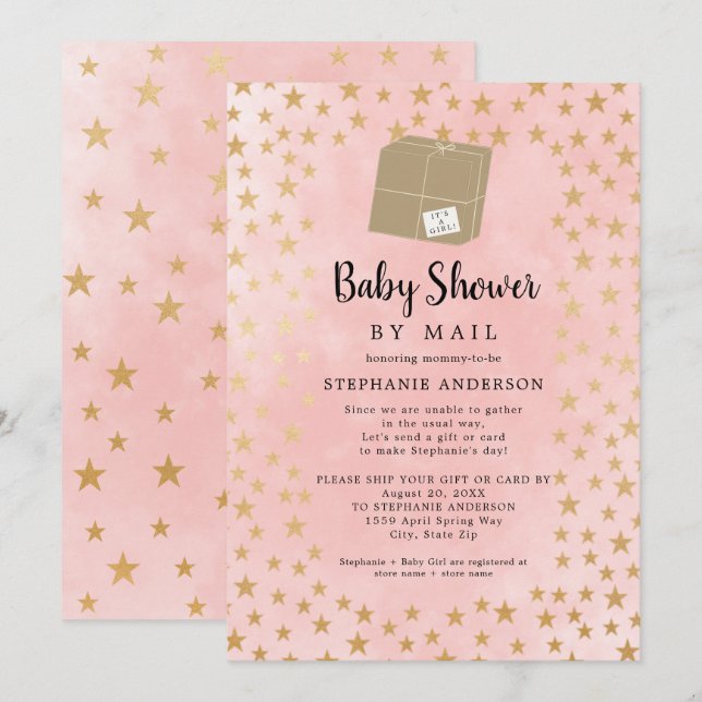Invitation Baby shower virtuel Rose Gold Star Girl (Devant / Derrière)