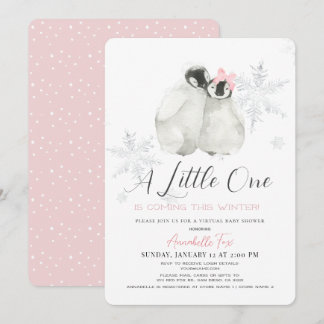 Invitation Baby shower virtuel rose Pingouin Winter Snowflake