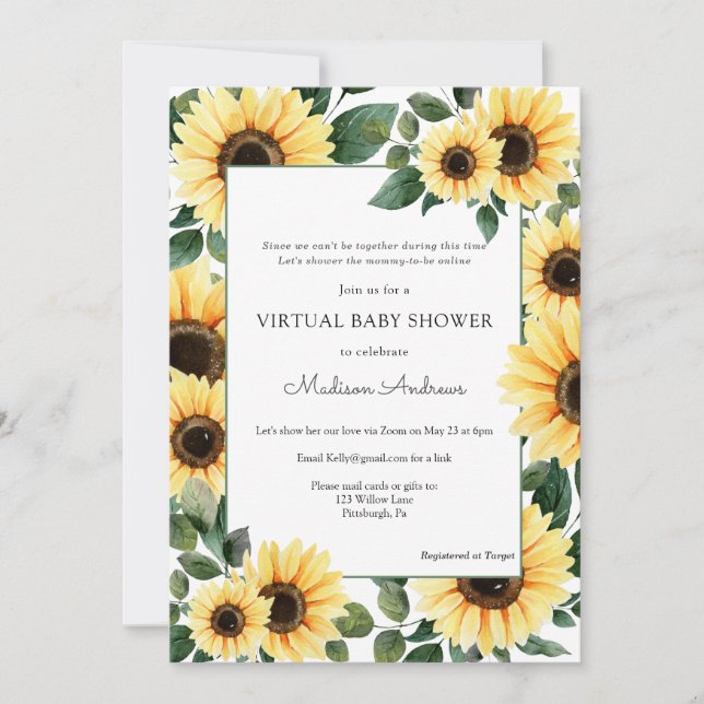 Invitation Baby shower virtuel tournesol (Devant)