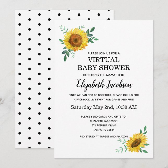 Invitation Baby shower virtuel tournesol (Devant / Derrière)