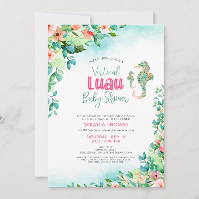 Invitation Baby shower virtuel tropical Luau Seahores (Devant)
