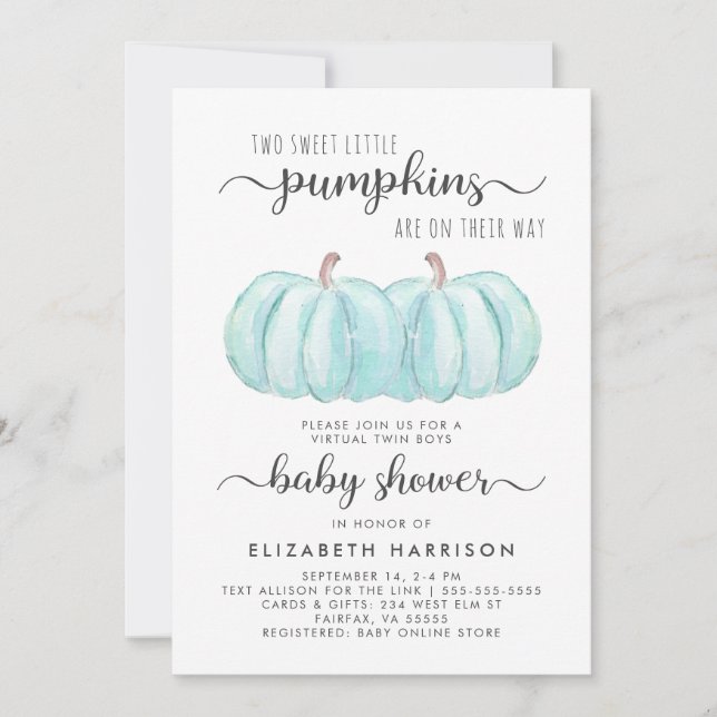 Invitation Baby shower virtuel Twin Boys Blue Citrouille (Devant)