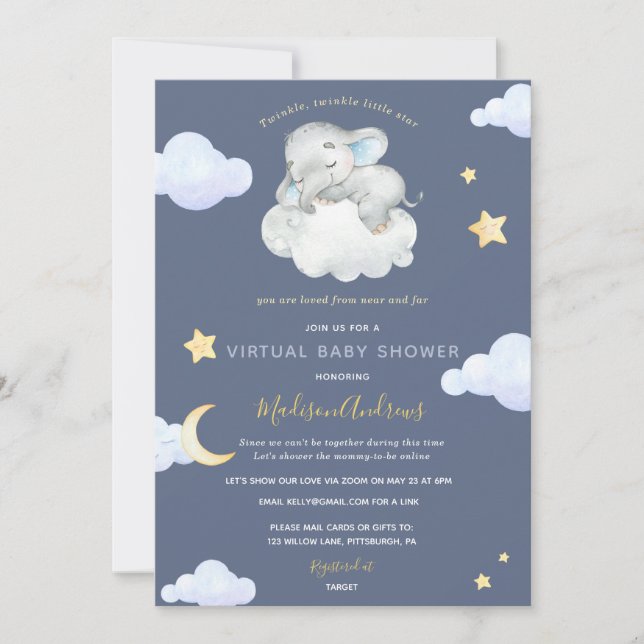 Invitation Baby shower virtuel Twinkle Little Star Elephant (Devant)
