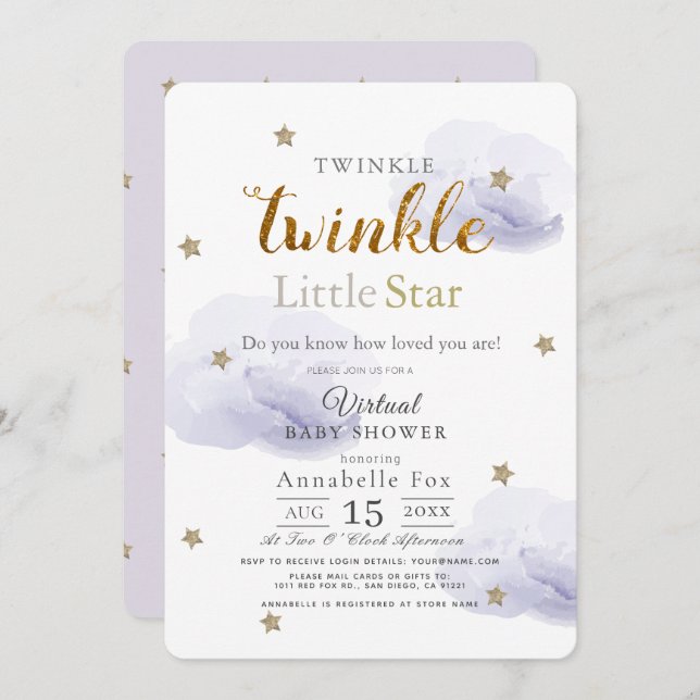 Invitation Baby shower virtuel Twinkle Little Star Lavender (Devant / Derrière)
