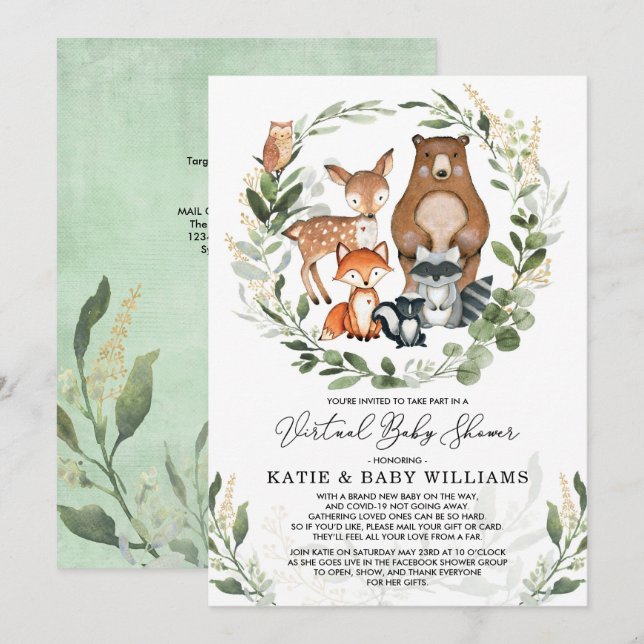 Invitation Baby shower virtuel | Végétal Animaux de forêt (Devant / Derrière)