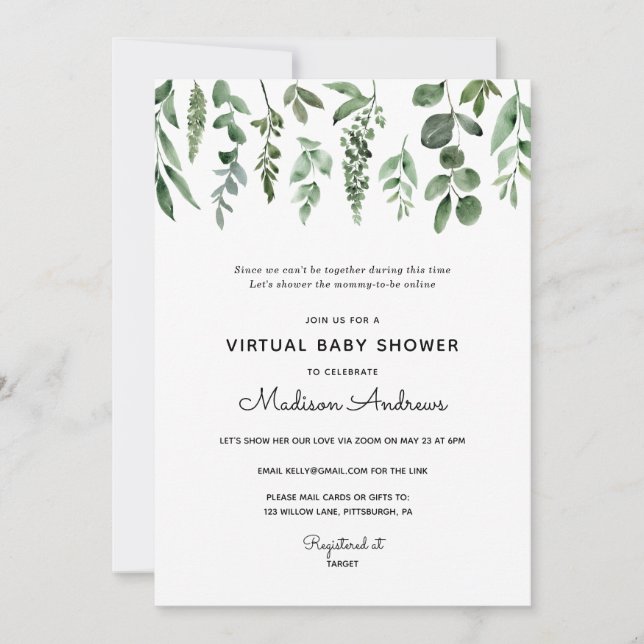 Invitation Baby shower virtuel verdoyant (Devant)