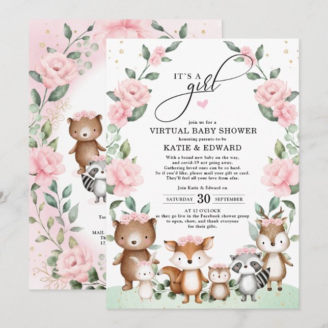 Invitation Baby shower virtuel Woodland Blush Floral Animaux (Devant / Derrière)