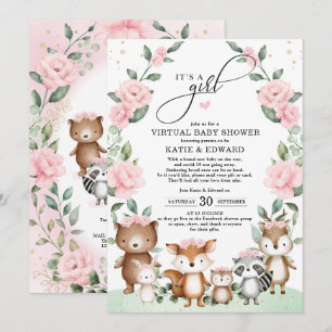 Invitation Baby shower virtuel Woodland Blush Floral Animaux
