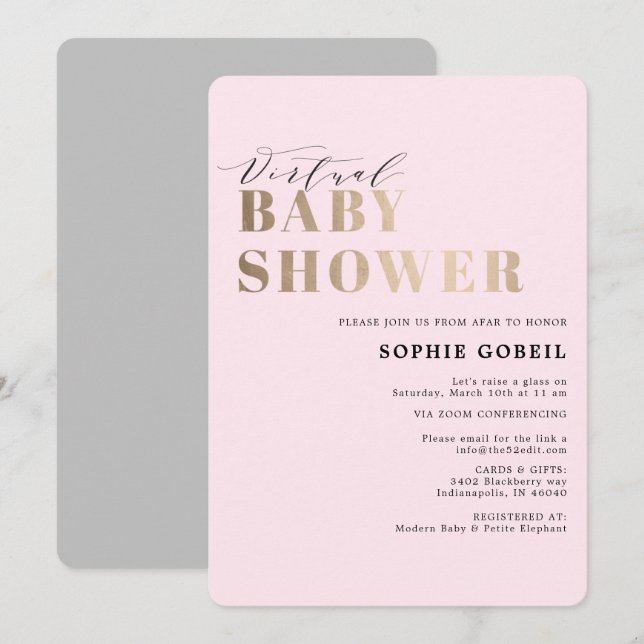 Invitation Baby shower VIRTUTAL simple rose et or (Devant / Derrière)