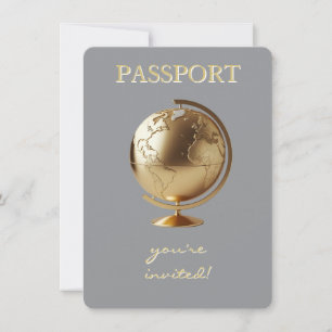 Invitation Baby Shower Voyage Passeport Globe Doré