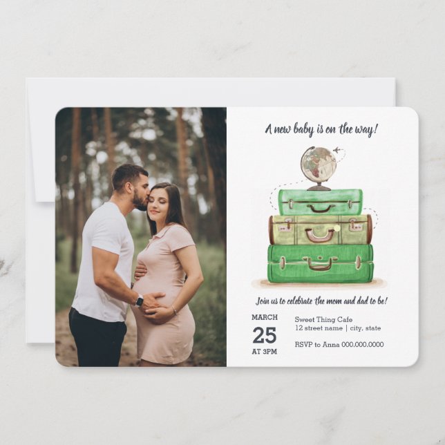 Invitation Baby shower Voyage Vert Watercolor valise (Devant)