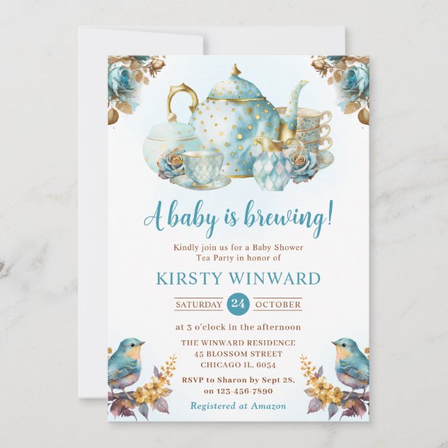 Invitation Baby shower Watercolor Blueberry Tea Party (Devant)