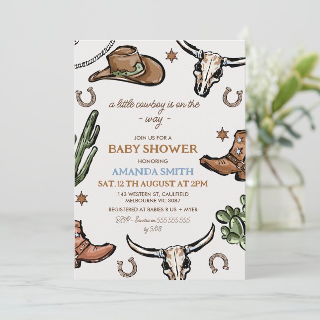 Invitation Baby shower Western Brown Western Cowboy (Debout devant)