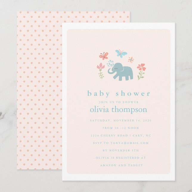 Invitation Baby shower Whimsical Baby Elephant (Devant / Derrière)