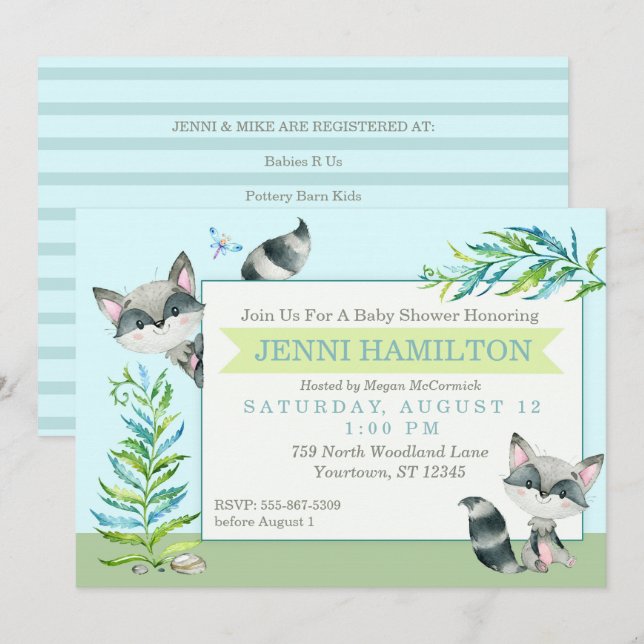 Invitation Baby shower Whimsical de Woodland Raccoon (Devant / Derrière)