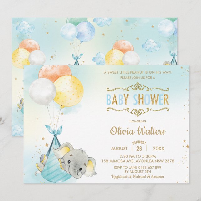 Invitation Baby shower Whimsical Elephant Ballons Garçon (Devant / Derrière)