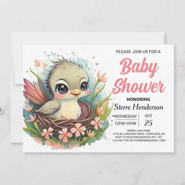 Invitation Baby shower Whimsical Girly Nest Bird (Devant)