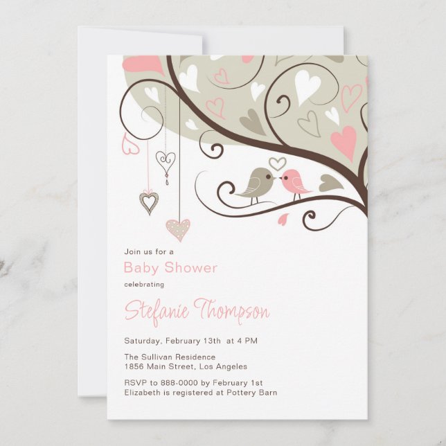 Invitation Baby shower Whimsical Pink & Grey Birds (Devant)