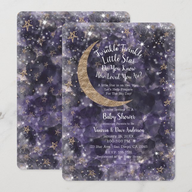 Invitation Baby shower Whimsical Purple Gold Moon Stars (Devant / Derrière)