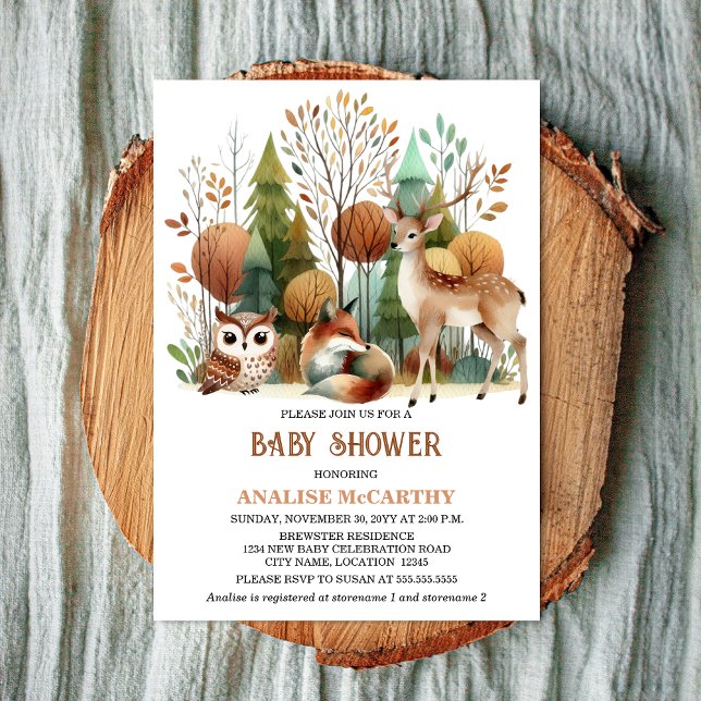 Invitation Baby shower Whimsical Woodland (Whimsical woodland baby shower invitation front view.)
