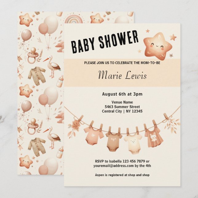 Invitation Baby shower Whimsy mignon - Vêtements Ligne Invita (Devant / Derrière)