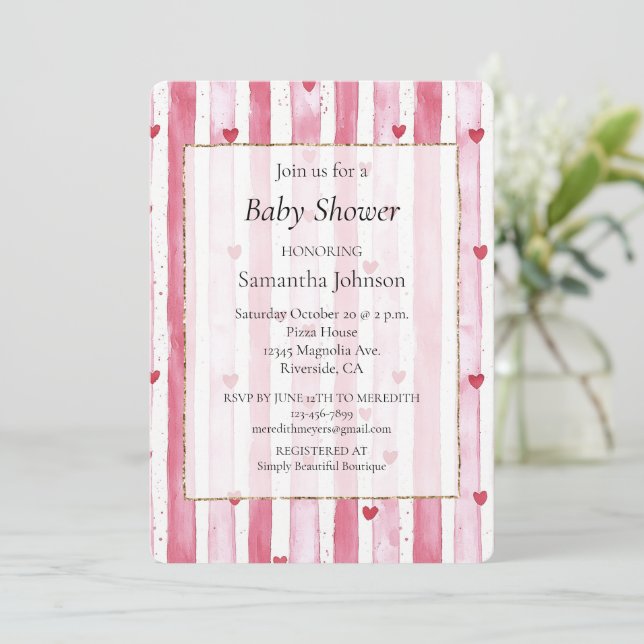 Invitation Baby shower White Rose Heart Stripes (Debout devant)