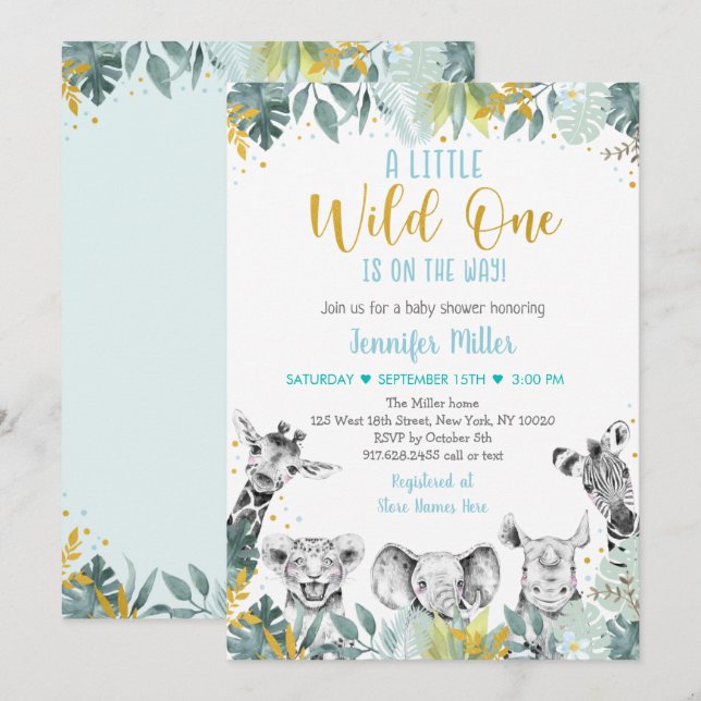 Invitation Baby shower Wild One Blue Gold Safari (Devant / Derrière)