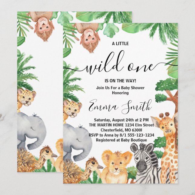 Invitation Baby shower Wild One Jungle Safari Animaux (Devant / Derrière)