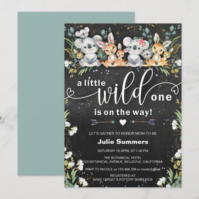 Invitation Baby shower Wild One Koalas & Kangaroos (Devant / Derrière)