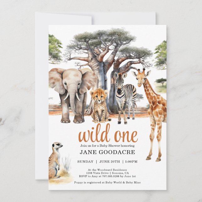 Invitation Baby shower Wild One Safari Animaux (Devant)