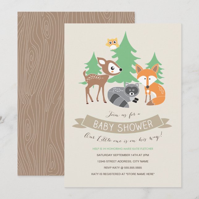Invitation Baby shower Woodland Friends (Devant / Derrière)