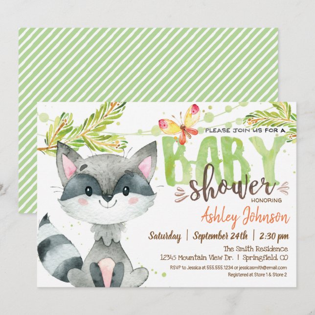 Invitation Baby shower Woodland Raccoon (Devant / Derrière)
