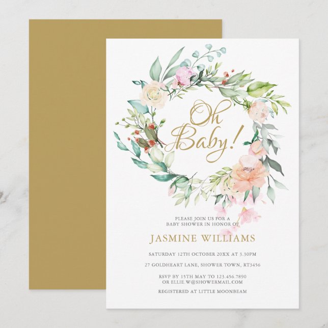 Invitation Baby shower Woodland Roses Garland / Saupoudrage (Devant / Derrière)