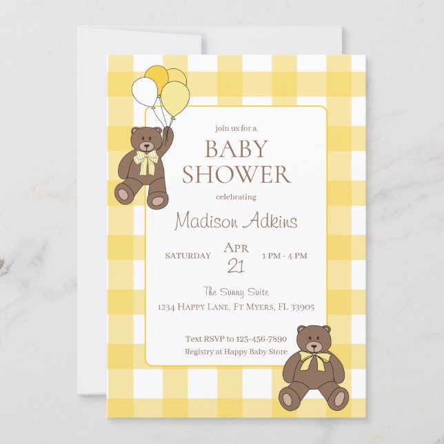 Invitation Baby Shower Yellow and White Plaid Teddy Bears (Devant)