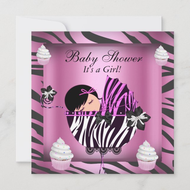 Invitation Baby shower Zebra Baby Girl Cupcake rose (Devant)